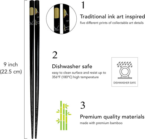 JapanBargain 5-Pair Black Bamboo Chopsticks Set, 9 Inch, Traditional Japanese Crane Moon Sakura Design, Reusable,