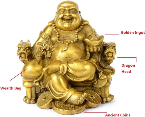 Fengshui Buddha Statue for Lucky & Happiness, God of Wealth Laughing Buddha on Dragon Chair, Brass Home Decor