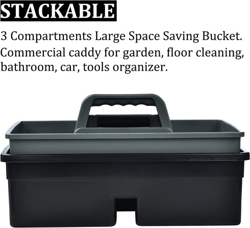 3-Compartment Plastic Cleaning Caddy Basket, Stackable Large Commercial Quality Organizer Bucket with Handle, Black