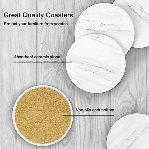 EAGMAK Set of 8 Absorbent Marble Style Ceramic Coasters with Holder for Drinks, Home Decor (White)