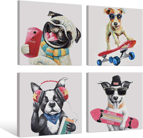 12'' 12'' 4 SEVEN WALL ARTS Colorful Gallery Pet Canvas Painting Puppy Artwork Abstract Hip-hop Dog Cartoon Picture
