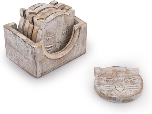 NIRMAN Wooden Crafted Unique Cat Shaped Coasters Set of 6 with Holder for Bar Dining Table Home Décor