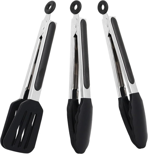 9 Inch Small Kitchen Tongs, Set of 3 Silicone Cooking Tongs with Stainless Steel Handle