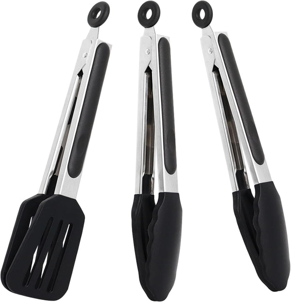 9 Inch Small Kitchen Tongs, Set of 3 Silicone Cooking Tongs with Stainless Steel Handle