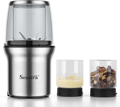 Secura Brands Coffee Grinder Electric Spice Herb Seeds Grinder with Two Glass Bowl, Dry