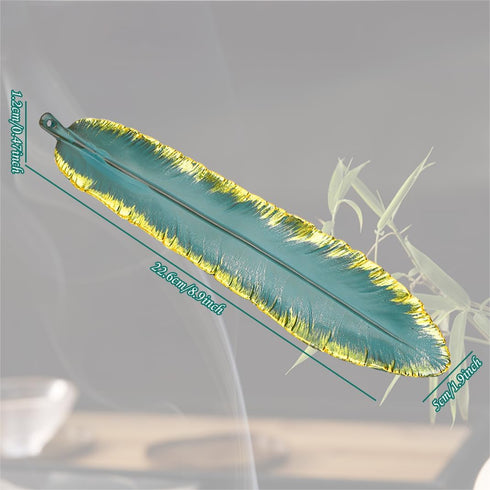 Incense Stick Holder Burner, Ceramic Green Feather 9 Inch Handmade Incense Tray for Meditation & Home Decor