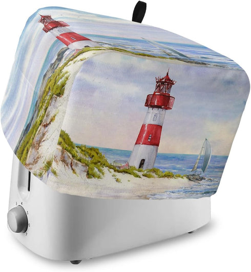 Toaster Cover, Coastal Lighthouse 2 Slice, Watercolor Blue Sky Sea Summer Beach with Loop, Polyester Dust Cover