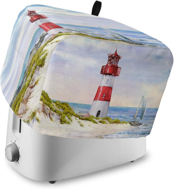 Coastal Lighthouse Toaster Cover, 4 Slice Large Kitchen Appliance, Watercolor Blue Sky Nautical Dust Cover with Loop