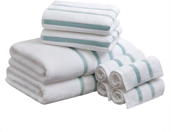 Comfort Spaces 8 Piece Cotton Bath Towel Set, Striped Ultra Soft, Quick Dry, Multi-Sizes, Zero Twist Aqua