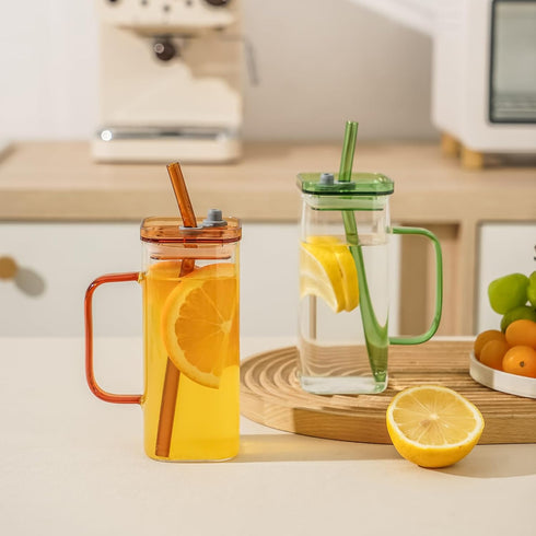 FUENYEJIA 13 Lided straw glass cup, ounce iced coffee cup for juice, milk, coffee, cappuccino, latte, cold drinks