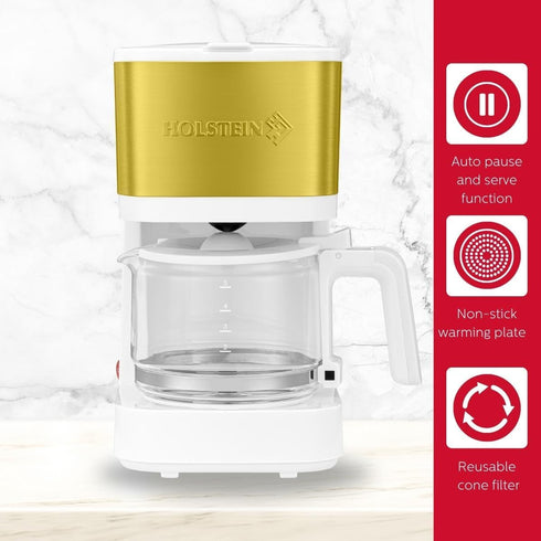Holstein Housewares 5-Cup Coffee Maker, Pause N Serve, One-Touch Operation, Non-Stick Warming Plate, White and Gold