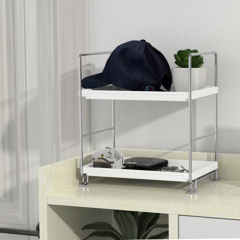 FSyueyun 2-Tier Bathroom Counter Organizer, Tool-Free Installation Vanity Makeup Tray and Skincare Shelf, Silver