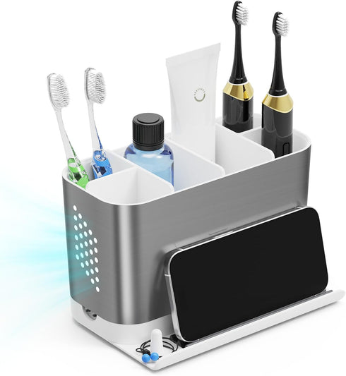 Countertop 6 Bathroom Organizer with Front Ledge for Phone, Detachable Kids Toothbrush Holders with Cord Slots and Ring