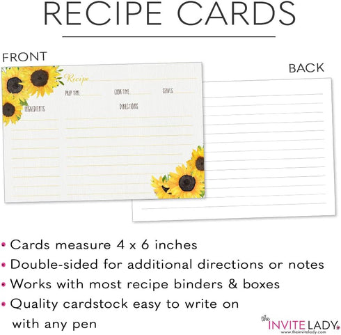 Recipe Cards Sunflower Bridal Shower Wedding Party Housewarming Gift Kitchen Organization New Home Gift Country Floral Sunflowers Yellow Celebration 4x6 Double Sided Cards (50 count) by The Invite Lady