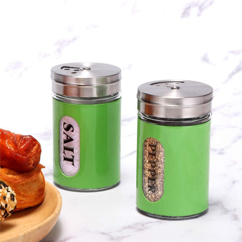 Salt and Pepper Shakers Set, Stainless Steel and Glass with Adjustable Pour Holes (Green)