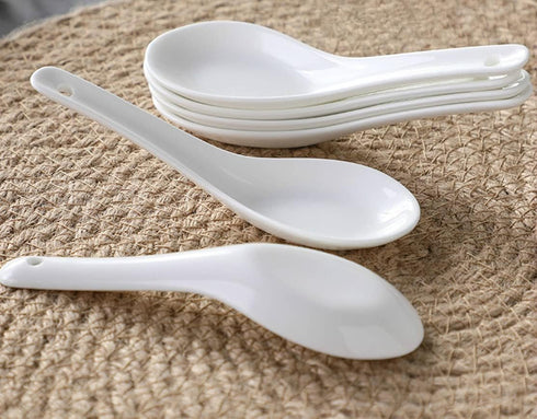 10 Pack White Ceramic Soup Spoons, 5" Asian Soup Spoon Set, Stackable Design
