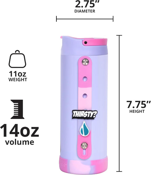 Elemental Iconic Kids Water Bottle, 20oz Triple Insulated Stainless Steel with Straw Lid & Charms Strap, Lilac Tie Dye