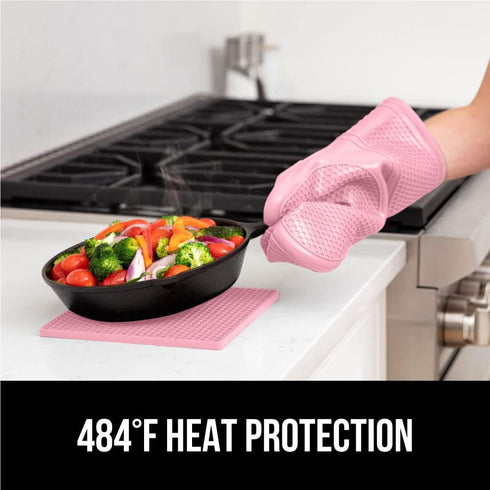 Gorilla Grip Heat and Slip Resistant 4 Piece Silicone Oven Mitt and Trivets Set, Waterproof, Cotton Lined, Pink