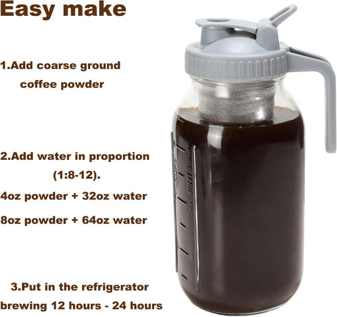 Cold Brew Coffee Filter with Pour Spout Lid for 32 OZ Mason Jar, 304 Stainless Steel Strainer for Iced Drinks