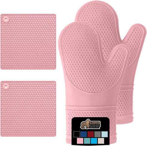 Gorilla Grip Heat and Slip Resistant 4 Piece Silicone Oven Mitt and Trivets Set, Waterproof, Cotton Lined, Pink