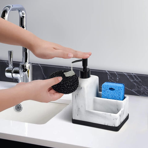 3 1 Countertop Dish Soap Dispenser with Sponge Holder,White Marble Look Liquid Hand and Dish Soap Dispenser and Spong