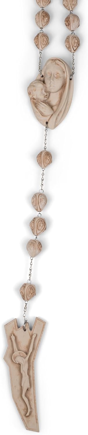 Virgin Mary and Jesus Carved Beads Design Decorative Wall Rosary, 65 Inch Alabasterite