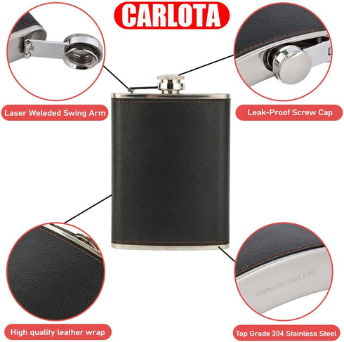 Hip Flask Gift Set, 8 Oz Hip Flasks for Liquor with Black Leather Cover, 18/8 Stainless Steel, 2 Cups & Funnel, Gift Box
