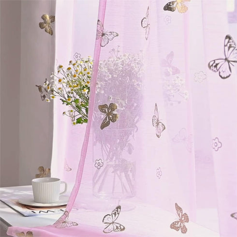 84 Inch Sets, 2 Jubilantex Pink Butterfly Sheer Curtains Gold Print Drapes for Baby Girls Nursery, Kids Bedroom Long