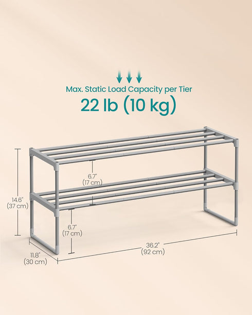 2-Tier 12-15 11.8 36.2 14.6 Inches, ULSA012G01 SONGMICS Shoe Rack, Shoe Organizer, Metal Storage Shelf, Upright