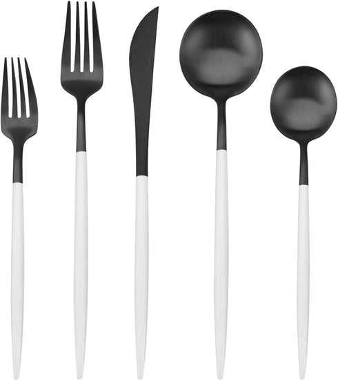 Bysta 5-Piece Matte Black Silverware Set, Stainless Steel Flatware with White Handle, Service for 1, Dishwasher Safe