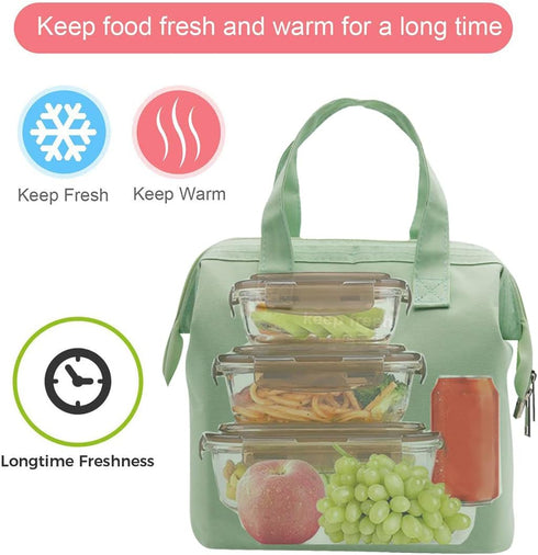 Mziart Insulated Lunch Bag, Simple Bento Cooler Tote for Lunch Box, Light Green for Work, Picnic, Hiking