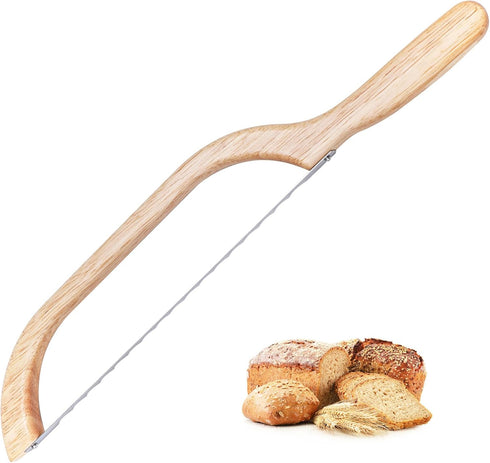 Wooden Bread Bow Knife, 15.7" Serrated Bagel Cutter for Homemade Bread, Kitchen Gift for Baker