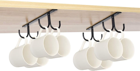 Mocoum Rustic Under Cabinet Mug Rack, 2 Pack Black Cup Holder with 8 Hooks for Mugs and Kitchen Utensils