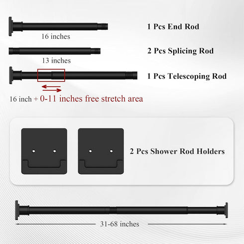 Matte Black Shower Curtain Rod, 31-68 inches Adjustable Tension Rod with Holders for Bathroom and Windows