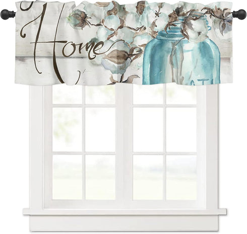 Mason Jar Cotton Flower Valances for Windows - 54x18 inch Rod Pocket Kitchen Curtains, Floral Wooden Plank Design