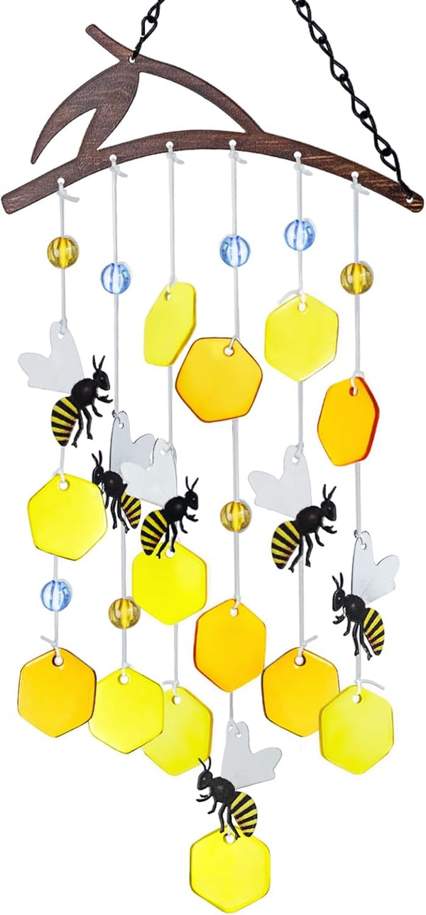 X-PREK 23" Bees Wind Chimes for Outside, Unique Stained Glass Garden Decor, Windchimes Outdoors Suncatcher Gift for