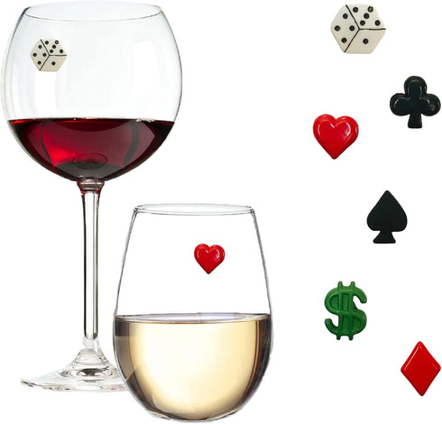 Set of 6 Casino Wine Glass Charms - Magnetic Drink Markers for Stemless or Regular Glasses