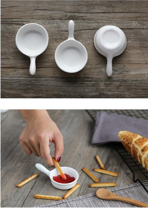 5 Packs 1 Oz Sauce Dish with Handle Grip, White Porcelain Dipping Bowls for Appetizers, Ketchup, BBQ Sauce