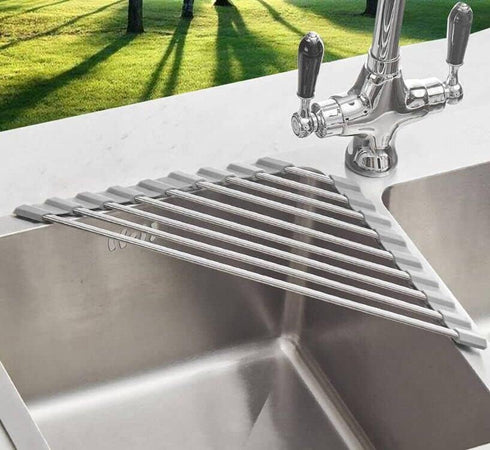 Triangle Dish Drying Rack - Roll Up Folding Stainless Steel Over The Sink Dish Drainer Mat for Kitchen (Grey)