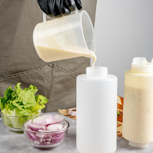 Restaurantware 32oz. FIFO Inverted Plastic Squeeze Bottle with Refill and Dispensing Lids, Perfect for Restaurants