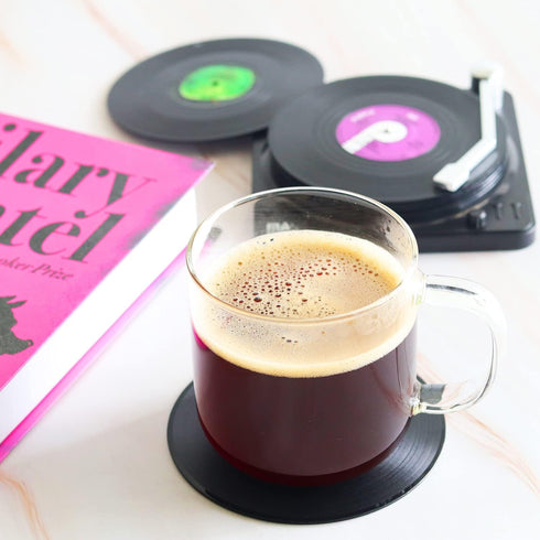 Funny Retro Vinyl Record Coasters for Drinks, Set of 6 with Vinyl Record Player Holder for Music Lovers, Gift Ideas