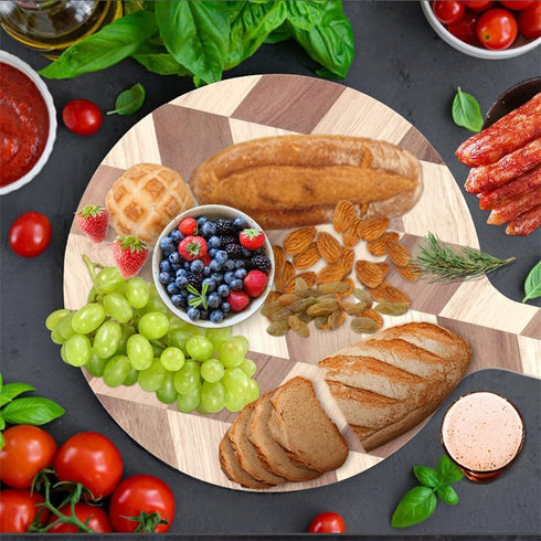 Acacia Wood Round Cutting Board with Handle, 9.85” x 13.75”, for Meat, Cheese, Pizza, Vegetables, Decorative Serving