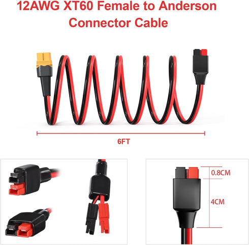 XT60 to Anderson Adapter, 12AWG XT60 Female to Anderson Connector Cable for RC Battery, Solar Power Station, 6FT