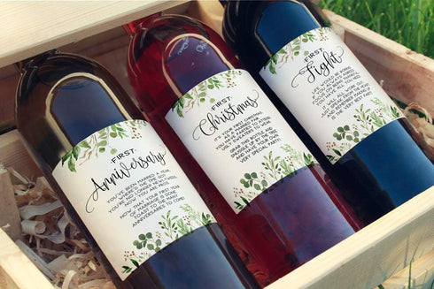 Printed Party Marriage Milestones, Greenery Wedding Firsts, 6 Wine Bottle Labels