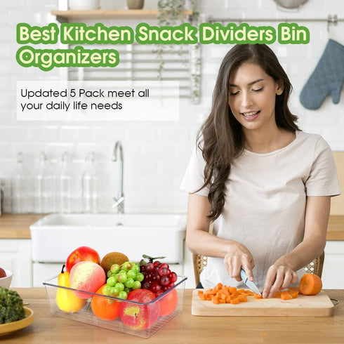 Clear Pantry Organizer Storage Bins, 2 Packs Plastic Removable Snack Organizer with 3 Dividers for Kitchen Cabinets