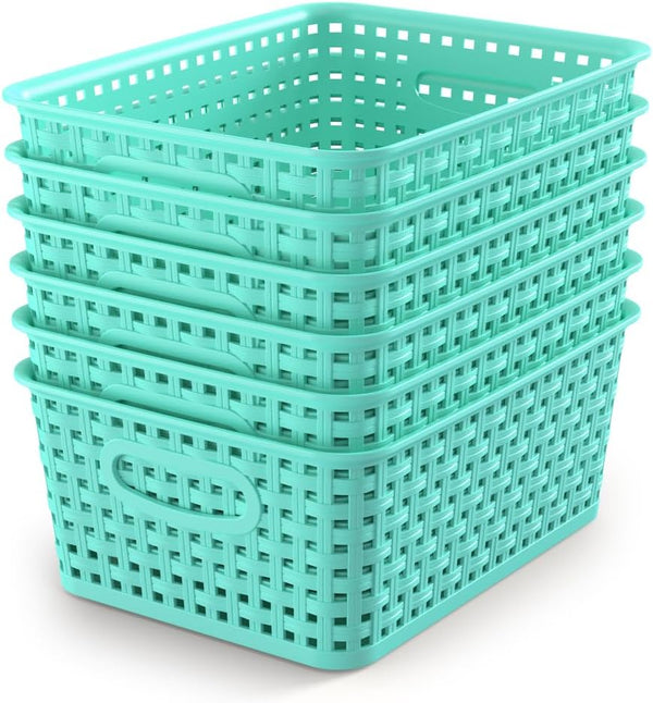 WYT 6-Pack Plastic Small Shelf Storage Weave Baskets, Organizing for Cabinets and Pantries, Sky Blue