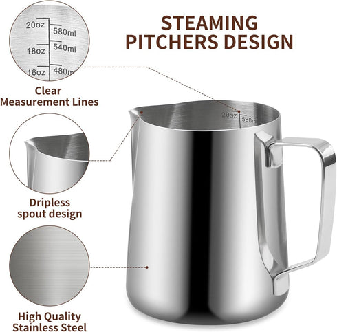 Stainless Steel Espresso Milk Frothing Pitcher, 20OZ/600ML Coffee Frother Cup with Decorating Art Pen for Espresso
