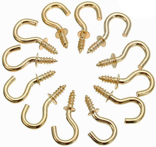 Mini Brass Plated Ceiling Screw Hooks, 50 Pcs (1 inch), Gold, Hanging Cup Hooks for Plants and Decorations