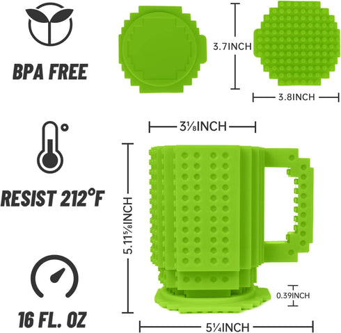 Fubarbar Novelty Coffee Mugs, Kids Brick Gaming Mug with Straw, Funny Xmas/Birthday Gift for Men, Women, Kids (Green)