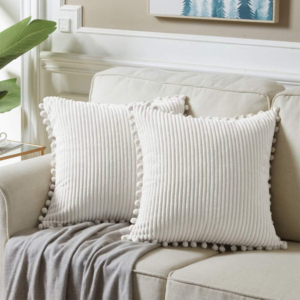 Fancy Homi 2-Pack Pom Pom Throw Pillow Covers, Cream Corduroy, 18x18 Inch